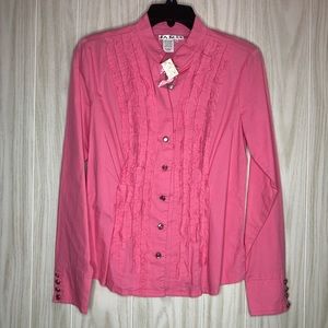 AMI Button Down Long Sleeve Ruffle Pink Blouse